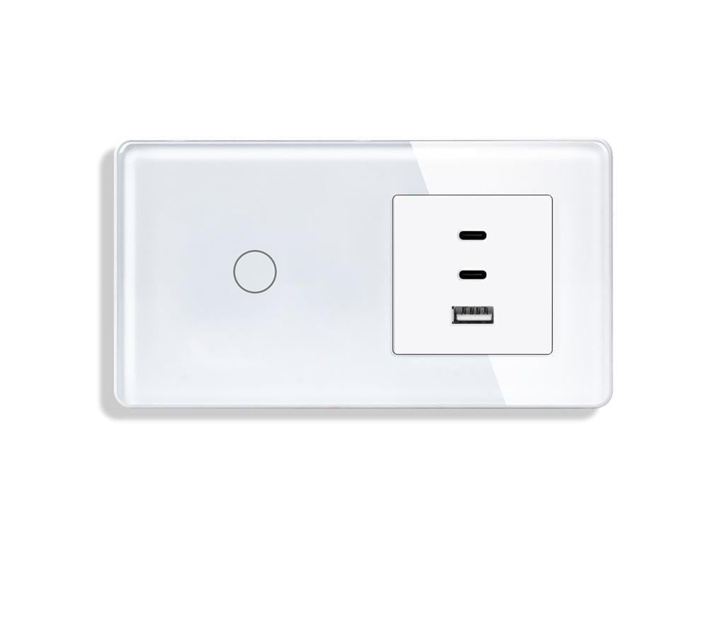 Выключатель сенсорный ELIOS с розеткой USB A+C+C 65Вт стекло Белый