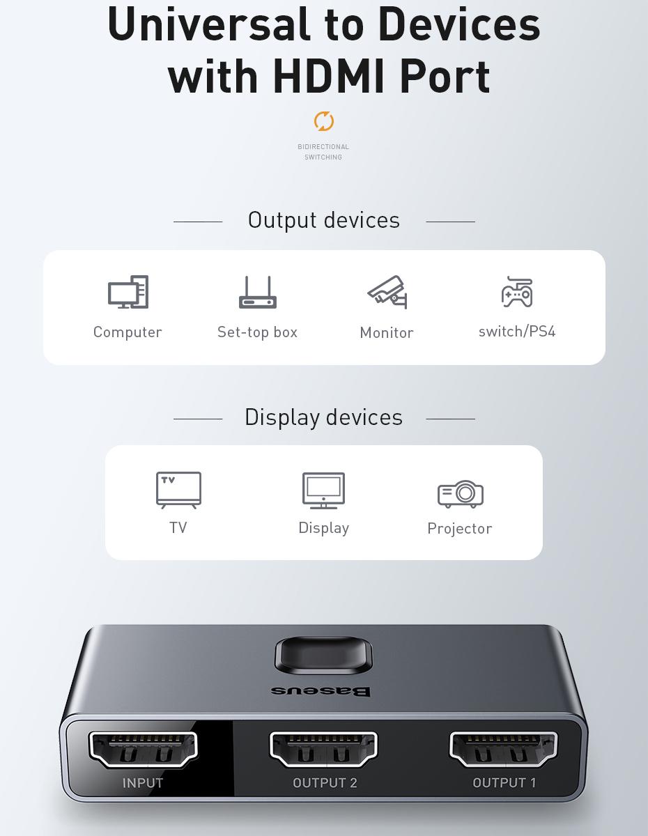 HDMI перемикач Baseus Matrix HDMI Splitter 2-in-1/1-in-2 CAHUB-BC0G Сірий - фото 8