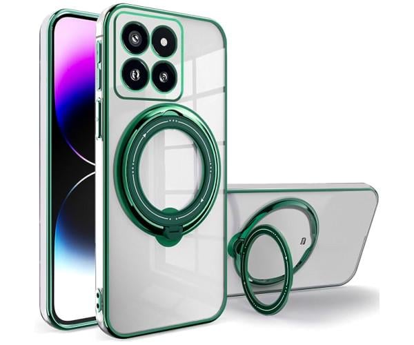 Силиконовый чехол накладка Clear Case для Xiaomi 14 Pro с металлическим кольцом держателем и защитой для камеры Зелёный