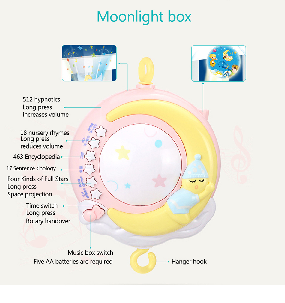 Музыкальный мобиль Baby Bell Moon с проектором и пультом управления Розовый - фото 7