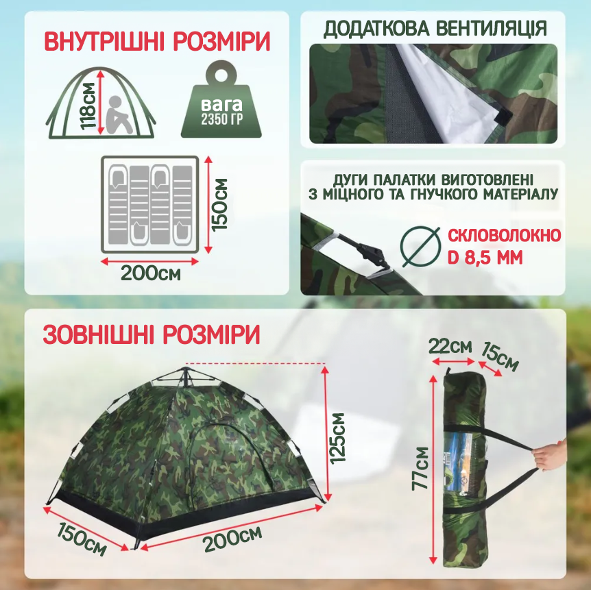 Палатка автоматическая 2-х местная 200х150 см каркасный Камуфляж (Е500064) - фото 5