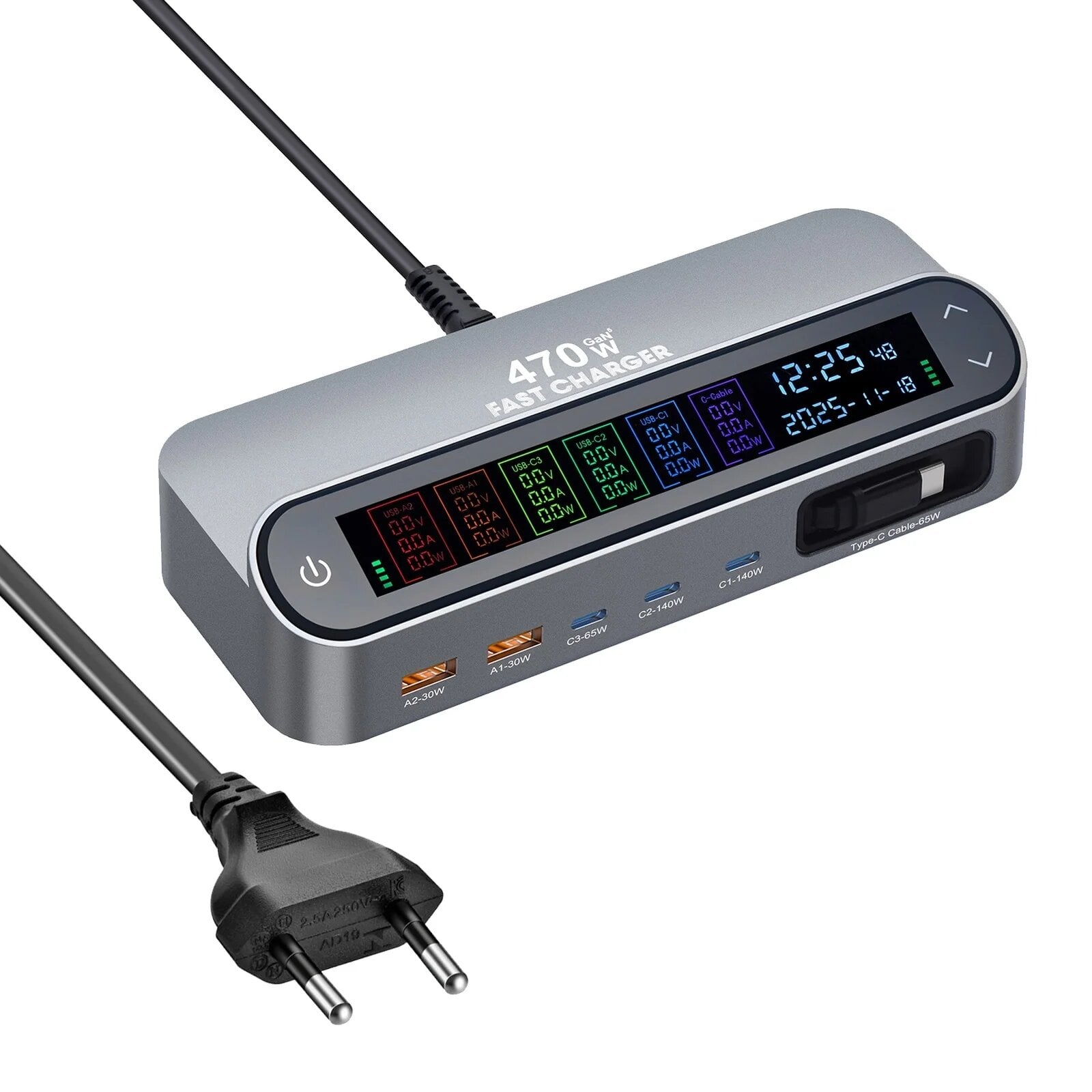 Зарядное устройство настольное многоканальное 470W GaN Fast Charger Type-C Серый (722581)