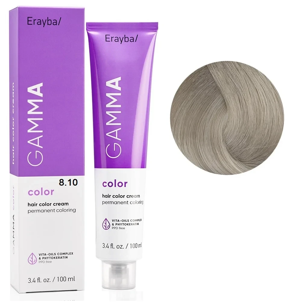 Краска для волос перманентная Erayba Gamma Color Cream 8/10 Светлый пепельный блонд 100 мл Краска для волос перманентная Erayba Gamma Color Cream 8/10 Светлый пепельный блонд 100 мл