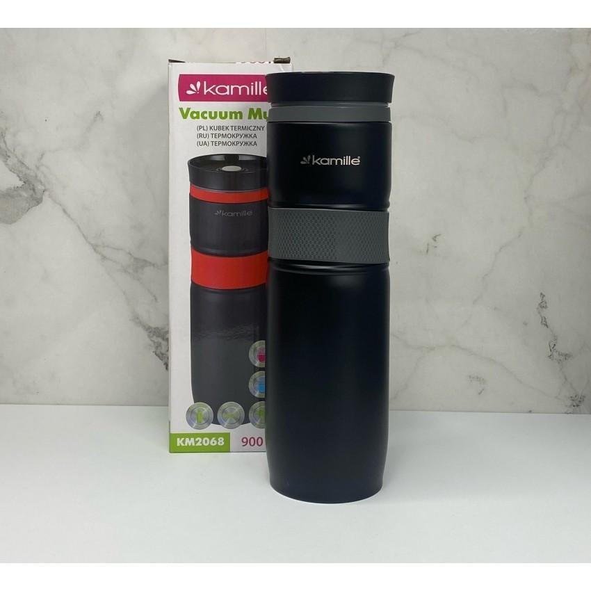 Термочашка Kamille КМ-2068 с TPR-вставкой из нержавеющей стали 900 мл Черный/Серый (2002517006)