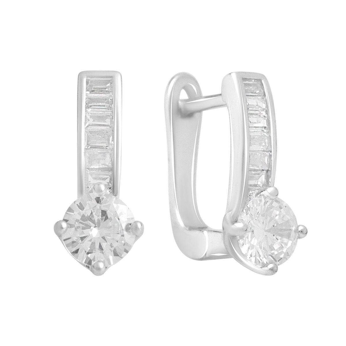 Серьги серебряные с круглой вставкой фианитов и вертикальной дорожкой багетной формы