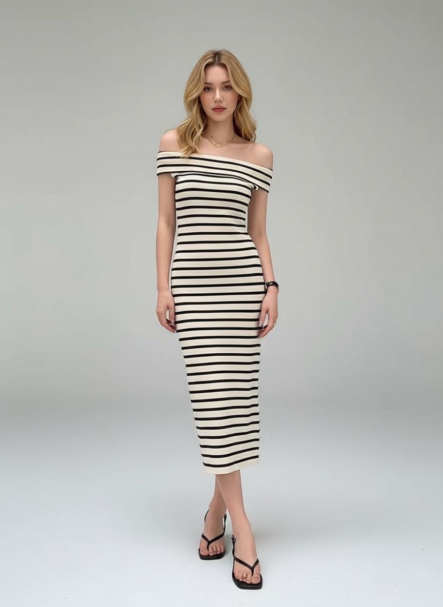 Платье миди летнее полосатое с открытыми плечами M (JH-25) - фото 3 Платье миди летнее полосатое с открытыми плечами M (JH-25) - фото 3