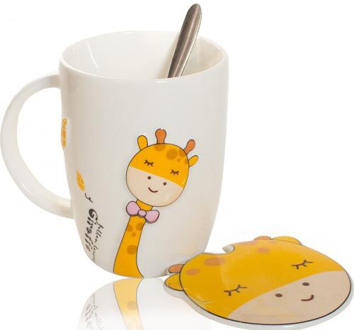 Кружка фарфоровая Giraffe с крышкой и ложечкой 400 мл (ST-20619)
