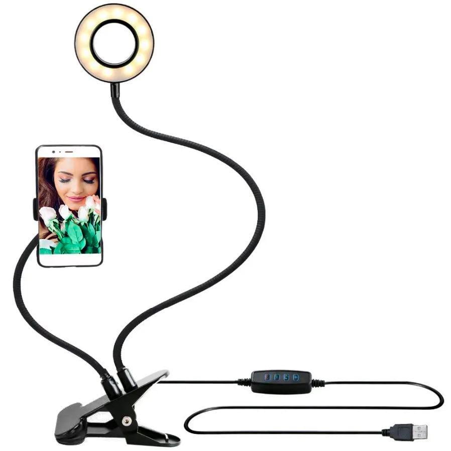 Держатель для телефона с LED подсветкой и селфи кольцом на прищепке Black (11642708)