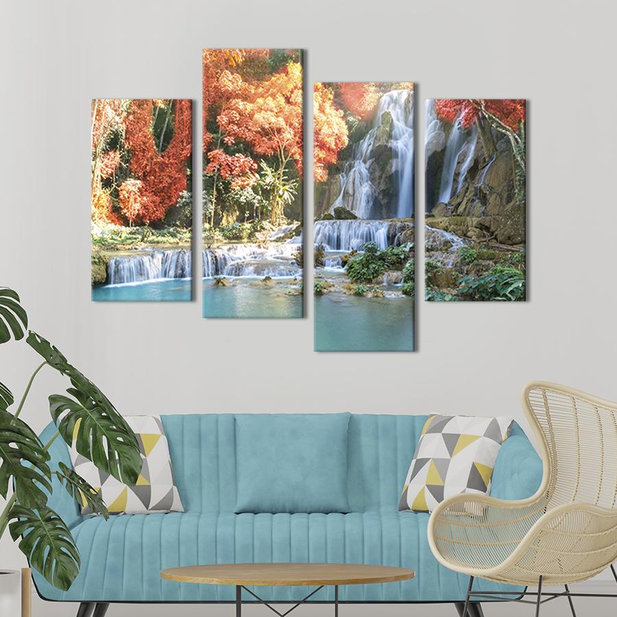 Модульная картина из четырех частей на холсте интерьерная картина Волшебный каскадный водопад 89x56 см (587-42)
