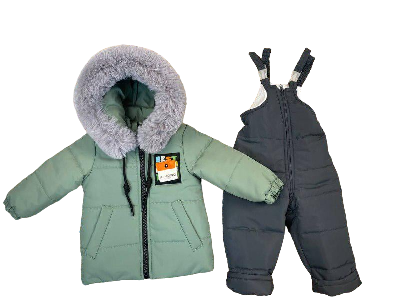 Детский зимний полукомбинезон и курточка раздельный 92 см Оливковый (21375)