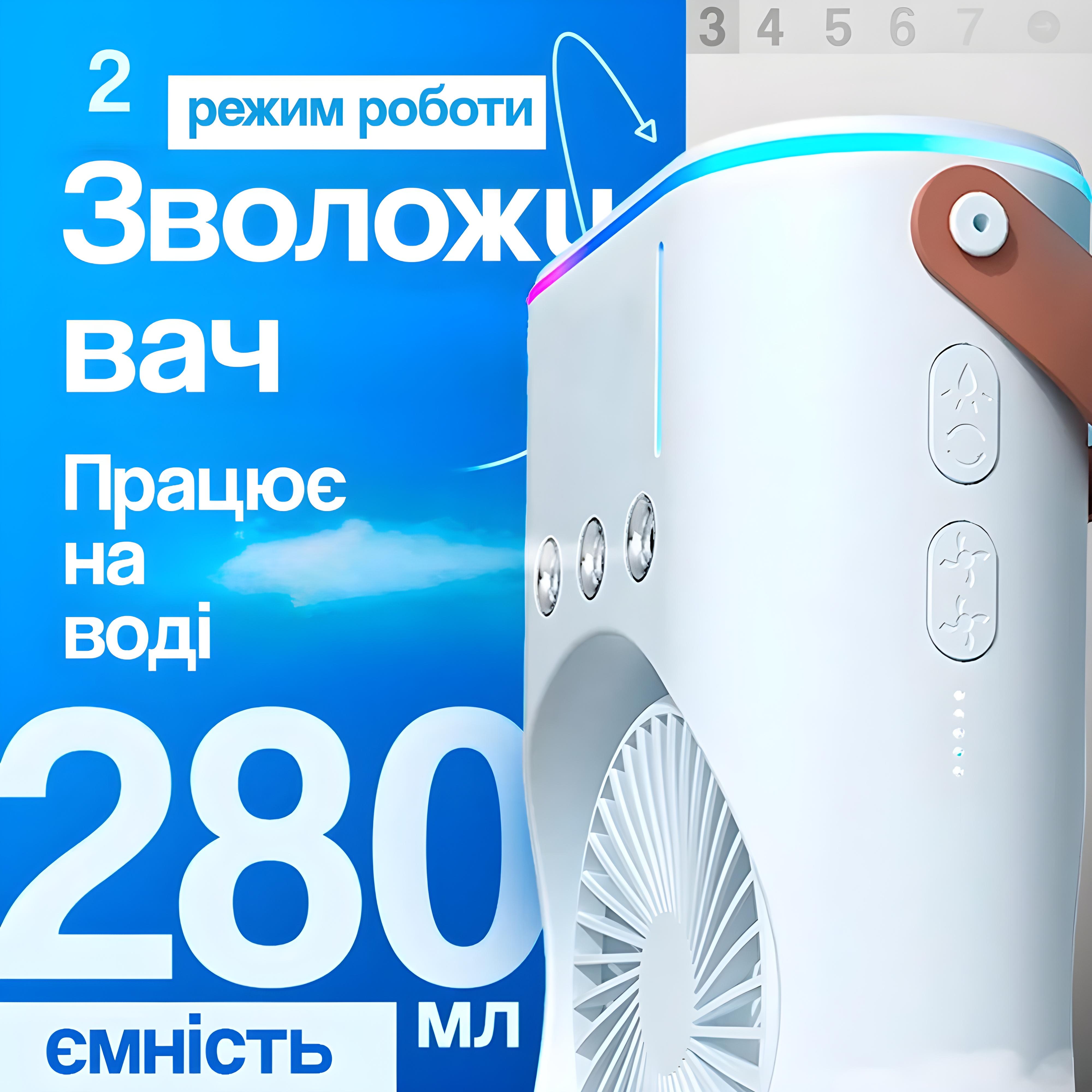 Вентилятор настільний подвійний BRS зволожувач повітря з охолодженням 3 швидкості з LED підсвічуванням White (500952659) - фото 6