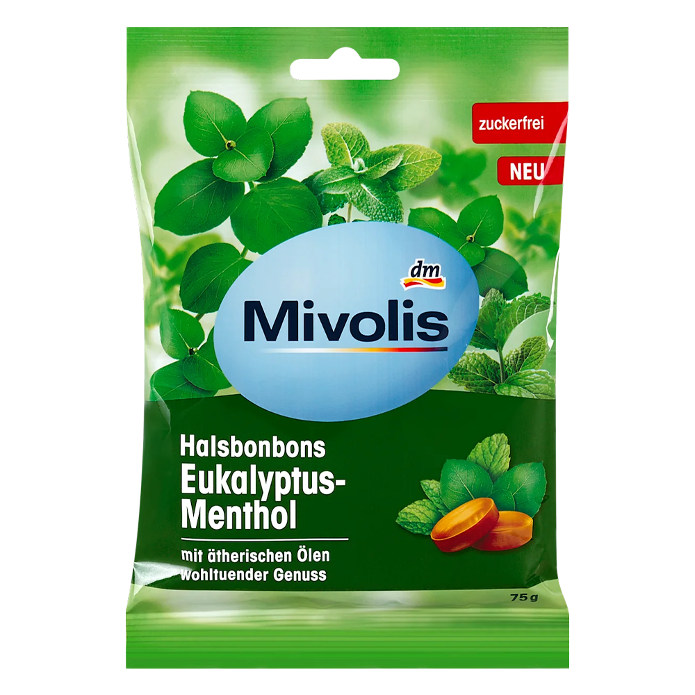 Леденцы от боли в горле с ментолом DM Mivolis Halsbonbons Eukalyptus-Menthol 75 г (EPI-15102025-1389)