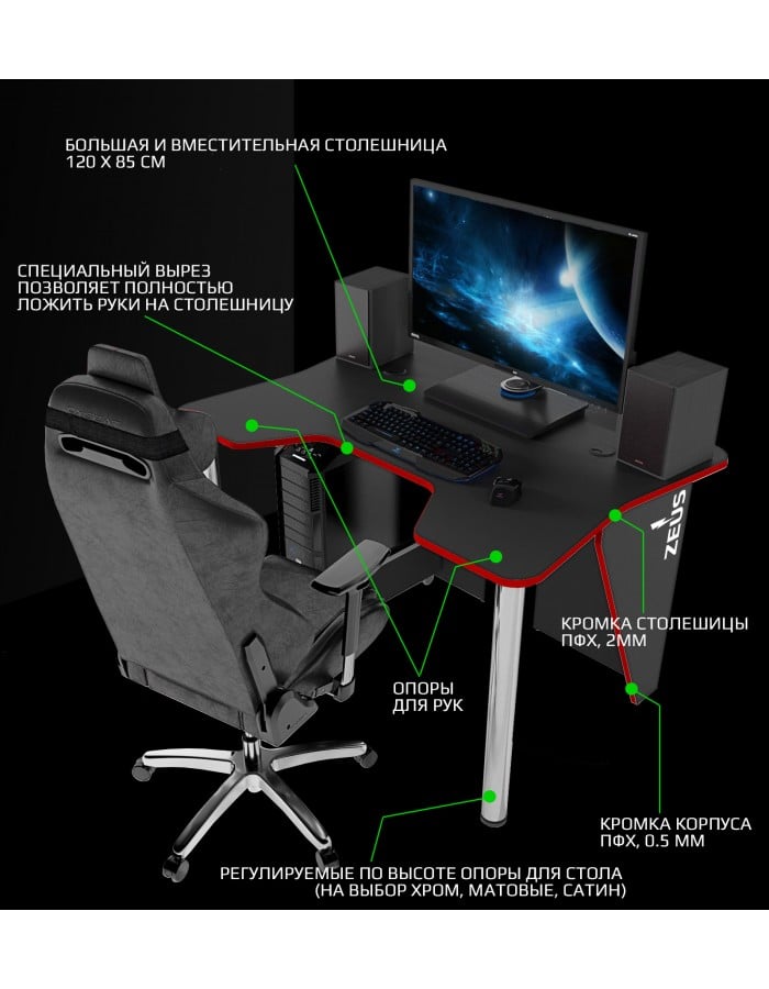 Геймерский стол ZEUS IGROK-3 Черный/Красный - фото 3