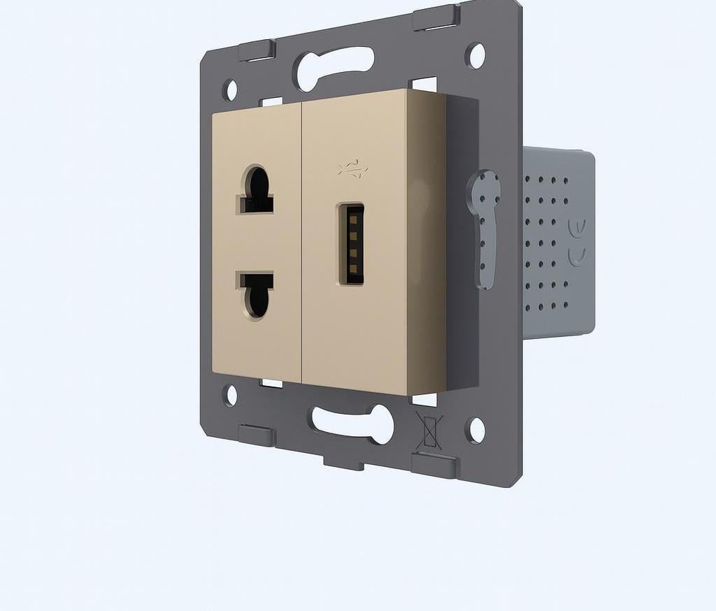 Розетка универсальная с USB LIVOLO настенная дизайнерская с заземлением Золотой (VL-FCT25/FCUA-2AP)