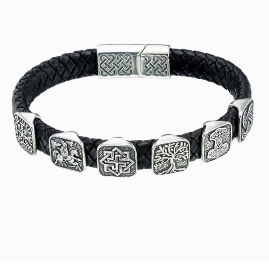 Браслет кожаный широкий с рунами серебро 925 пробы черневое 26,7 г 22 см (75287)