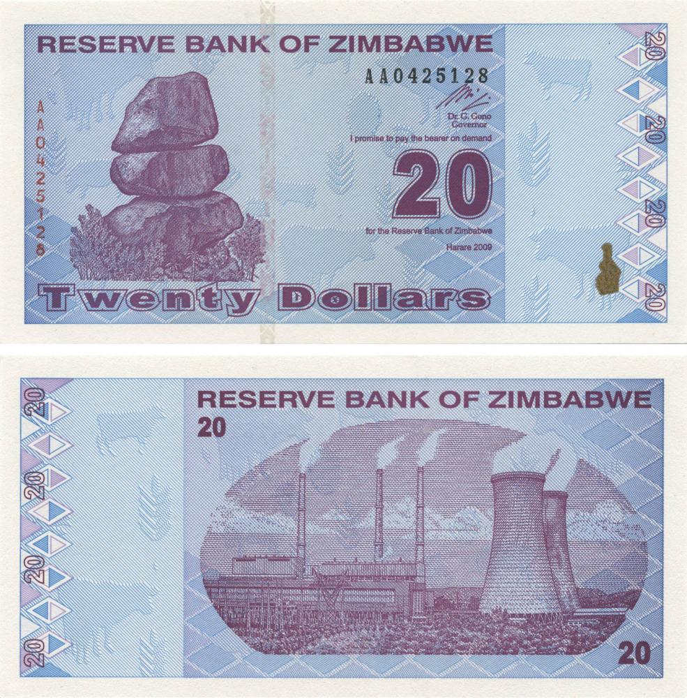 Коллекционная банкнота Зимбабве 20 долларов 2009 UNC P95 (Б09666) Коллекционная банкнота Зимбабве 20 долларов 2009 UNC P95 (Б09666)