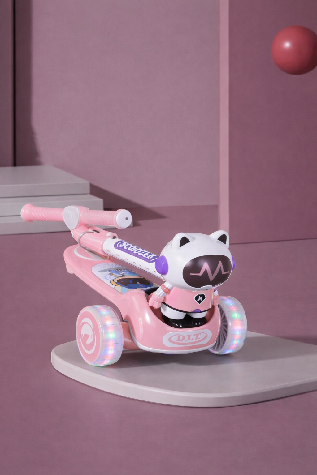 Самокат складной детский трехколесный с LED-подсветкой и музыкой 60x25x77 см регулируемый руль Розовый