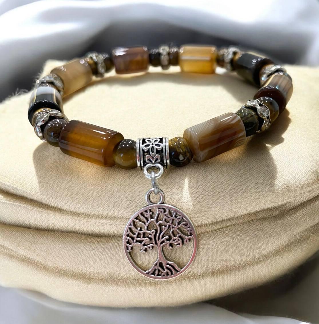 Браслет LITAURS из натурального камня агат/тигровый глаз с подвеской-шарм дерево жизни М 15-17 см (250906)
