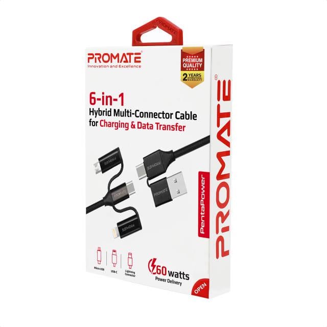 Кабель Promate PentaPower USB-C/USB-А to USB-C/microUSB/Lightning 1,2 м Black - фото 7