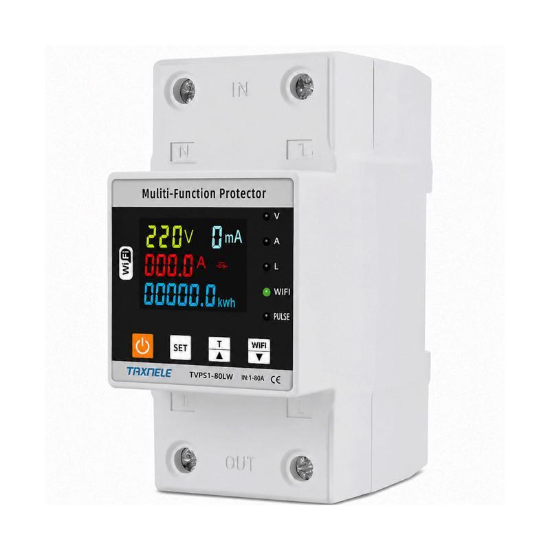 Разумное WiFi реле TAXNELE с полной защитой/счетчиками/таймером 1P+N 1-80A 230V Smart Life (TVPS1-80LW)