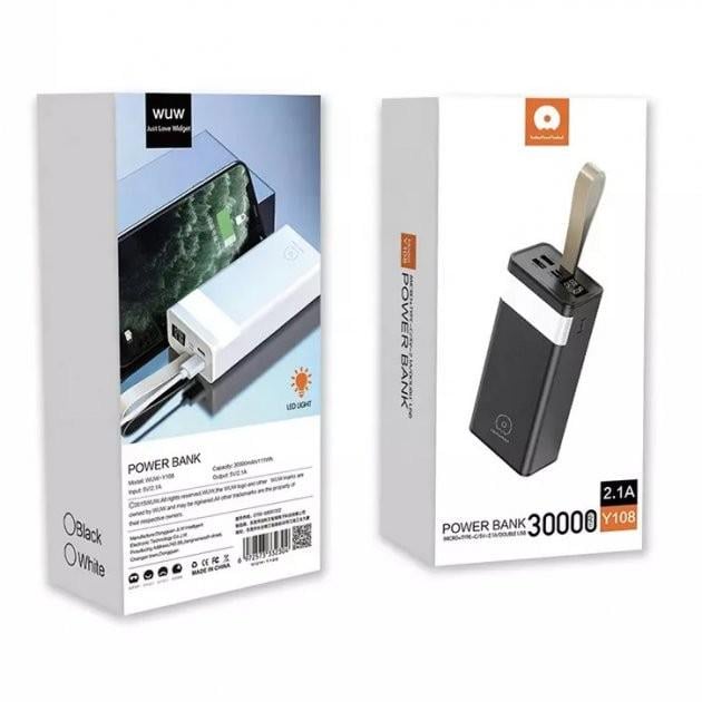 Повербанк Wuw Y108 2USB/Micro/Type-C з ліхтарем 30000 mAh - фото 3