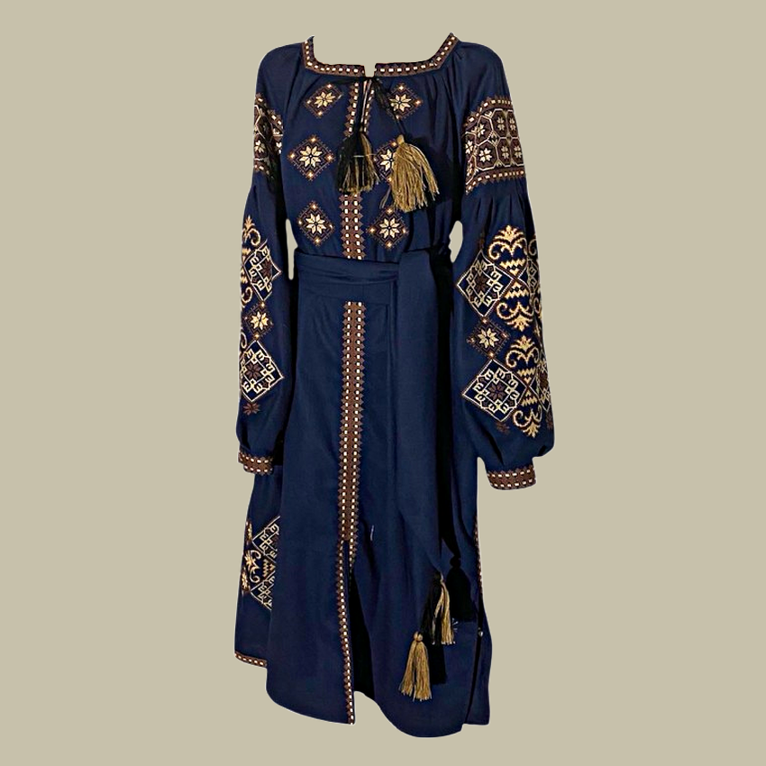 Вышиванка-платье женская Авторская хлопок р. 56 Темно-синий (565635876)