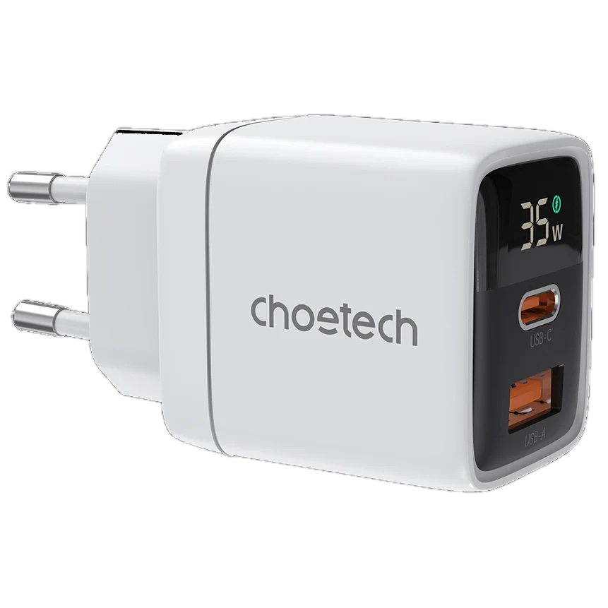 Зарядное устройство сетевое Choetech PD6052 35 Вт GaN USB-C/USB-A с LED-дисплеем и быстрой зарядкой Белый (27918175)