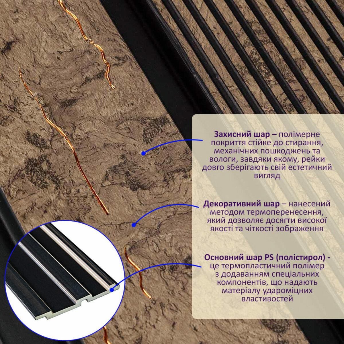 Рейка декоративна PS 2900х120х12 мм Коричневий із золотими прожилками (SW-00001749) - фото 8 Рейка декоративна PS 2900х120х12 мм Коричневий із золотими прожилками (SW-00001749) - фото 8