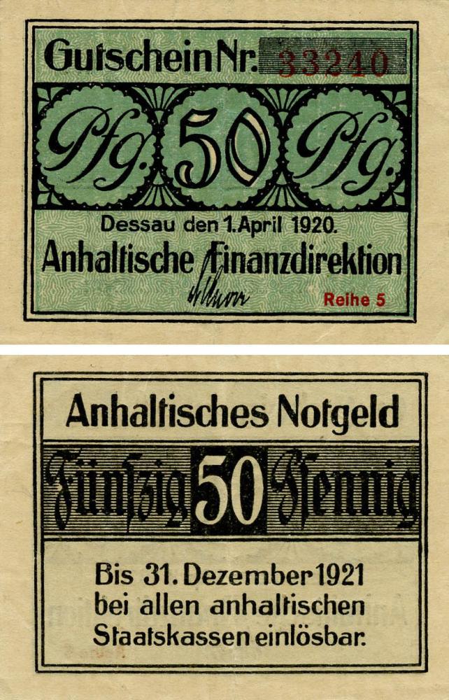 Коллекционная банкнота Германия Нотгельд 50 пфеннигов 1920 F-VF Дессау Разновидность 2 (Б18663)