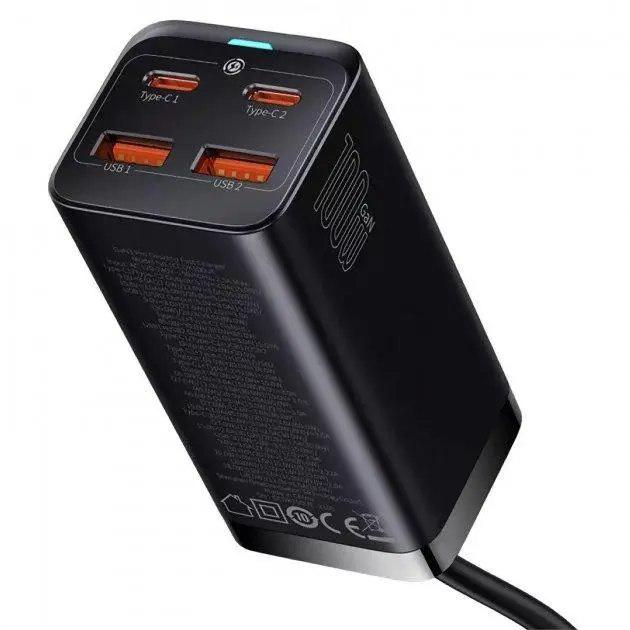 Зарядний пристрій BASEUS 100W GaN3 Pro Desktop Fast Charger QC4.0+PD3.0 2USB+2Type-C 3A із кабелем Type-C to Type-C 100W 20V/5A 1 м Black - фото 2