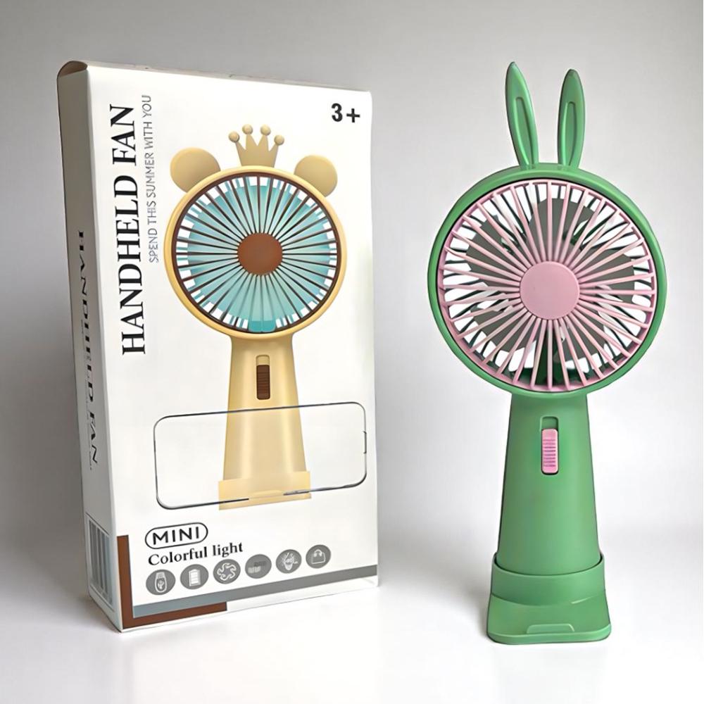 Вентилятор портативный Зайчик с ушками на аккумуляторе и USB Зеленый (51-зел-39558)