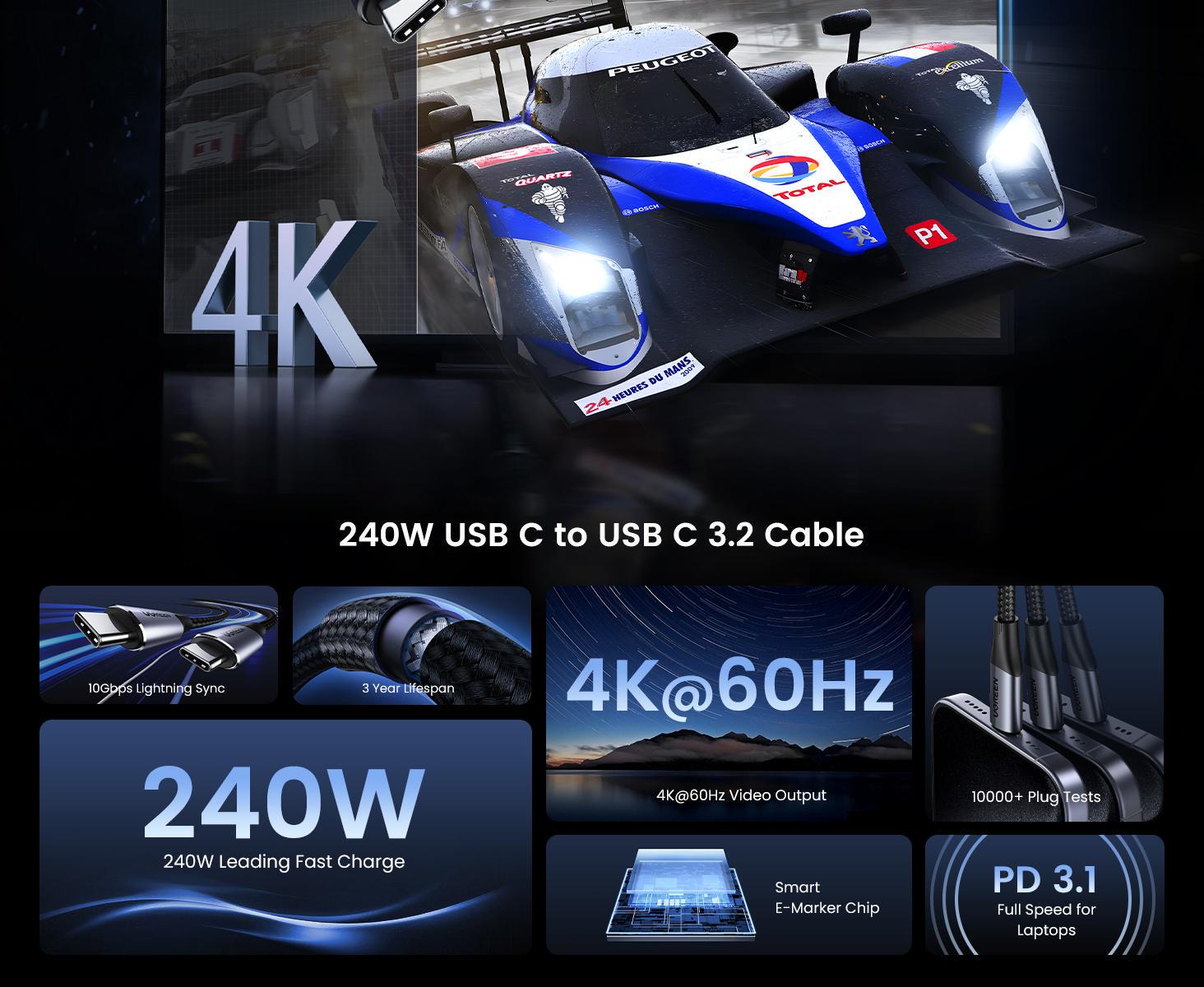 Кабель USB-C Ugreen 240W 3.1 1 м Чорний (80150) - фото 2 Кабель USB-C Ugreen 240W 3.1 1 м Чорний (80150) - фото 2