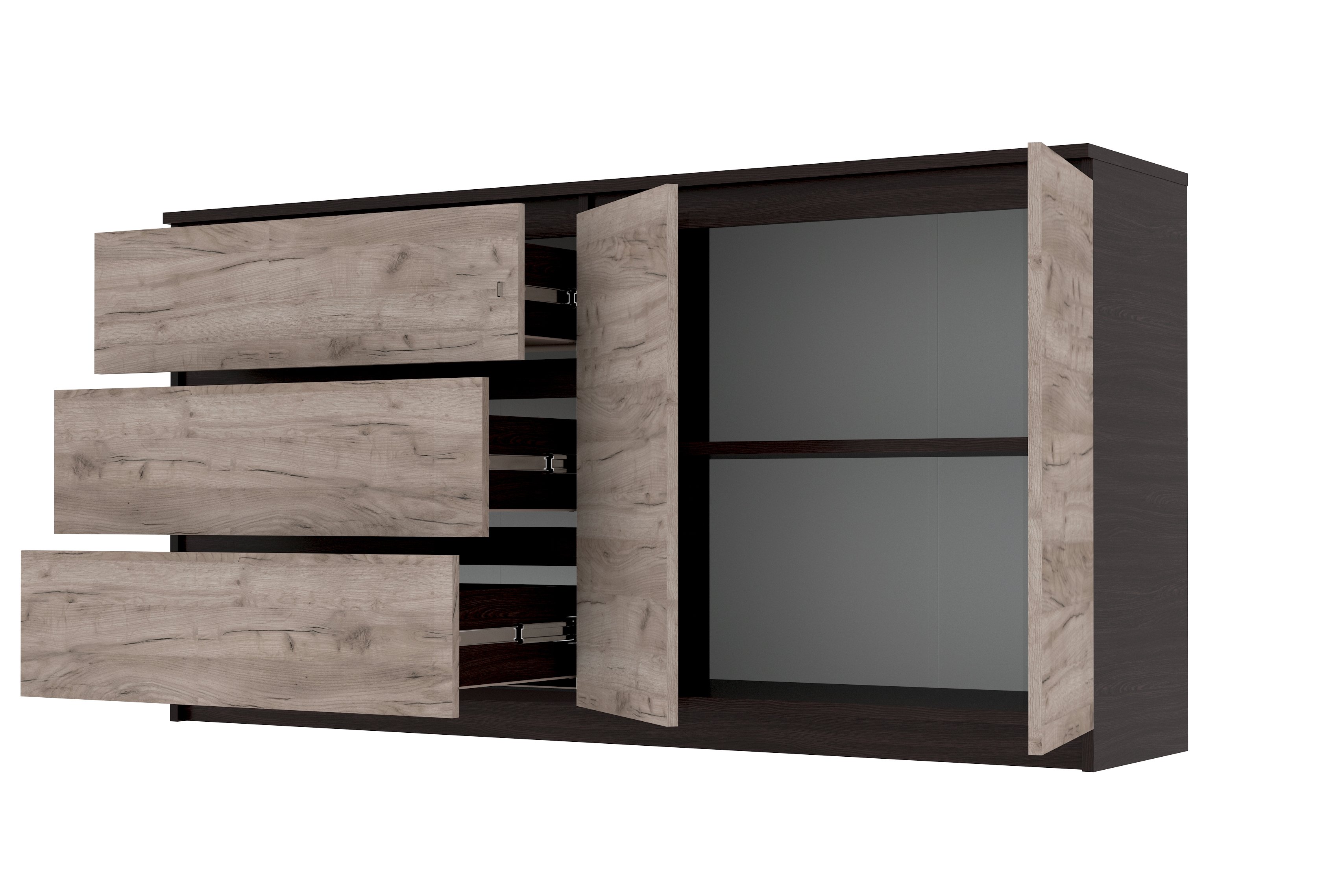 Комод Мастер Форм с 2 дверцами и 3 выдвижными ящиками 158х37,6х73 см Венге/Дуб крафт серый (6499c7cda58dca1cb33259ea) Комод Мастер Форм с 2 дверцами и 3 выдвижными ящиками 158х37,6х73 см Венге/Дуб крафт серый (6499c7cda58dca1cb33259ea)