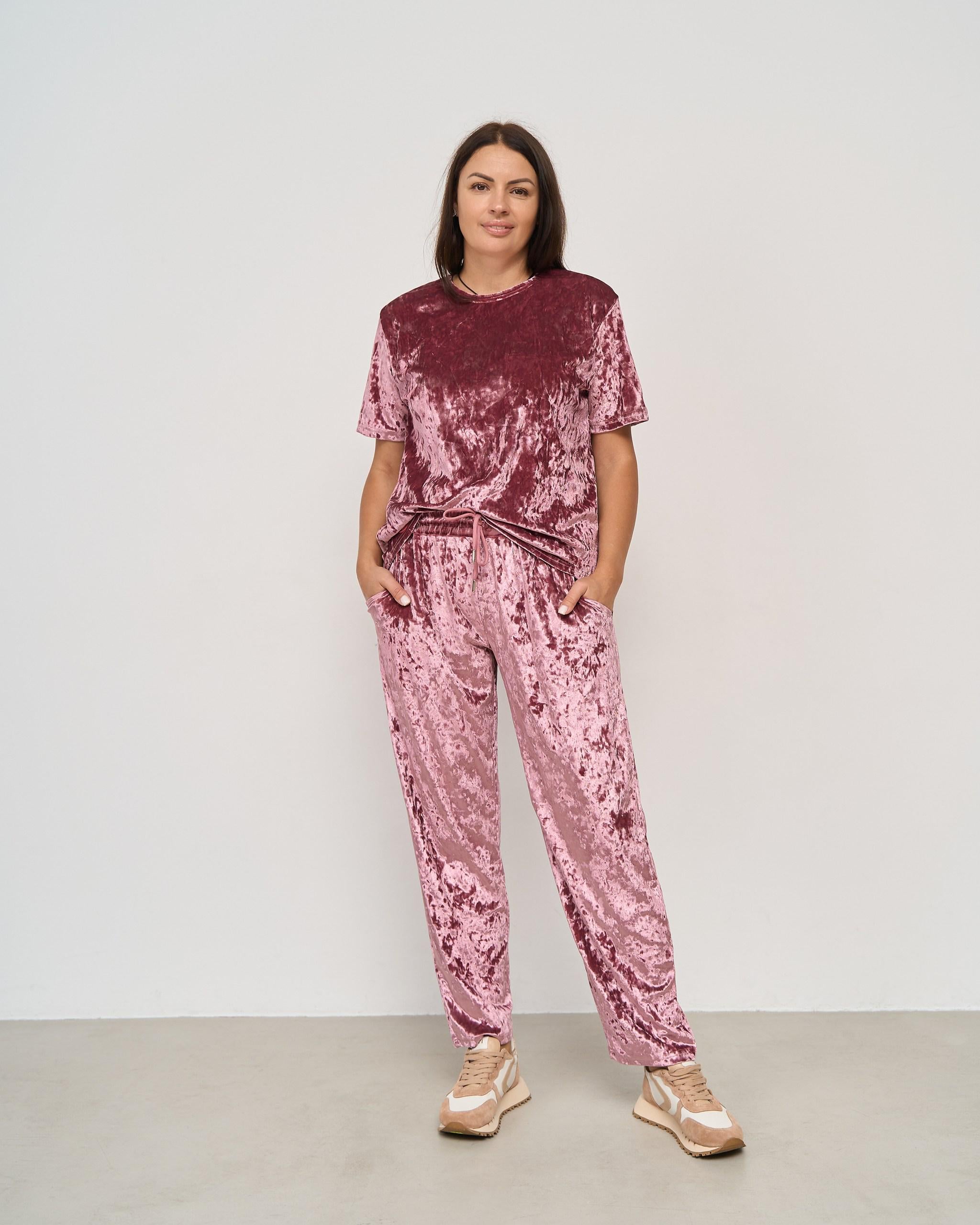 Пижама со штанами из мраморного велюра батал 5XL Пыльная роза (87908)