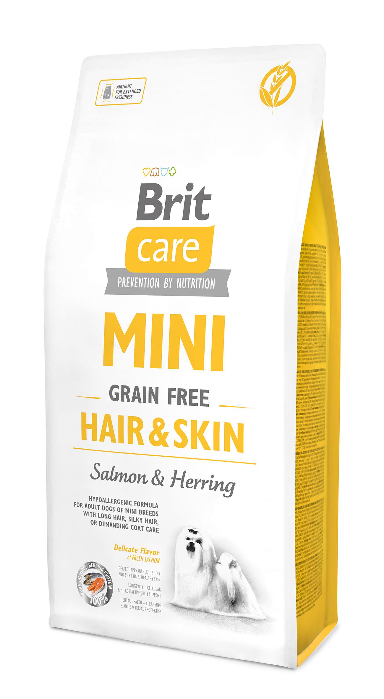Корм Brit Care GF Mini Hair&Skin с лососем для собак миниатюрных пород с дополнительным уходом за шерстью 7 кг