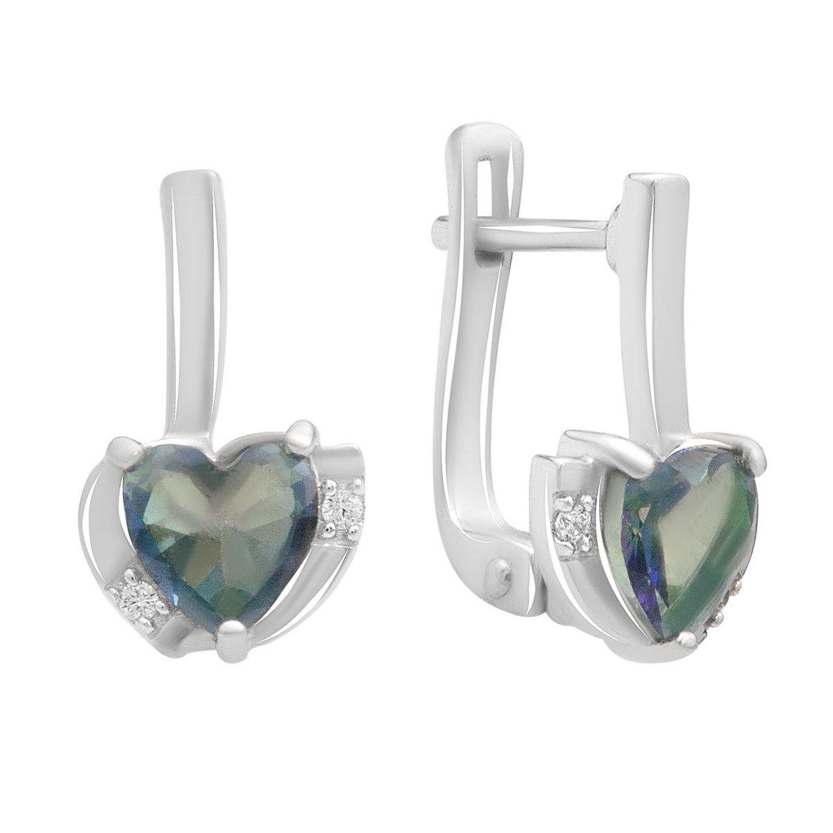 Серьги серебряные LoveR со вставкой мистического топаза в форме сердца и акцентом фианитов на английском замке