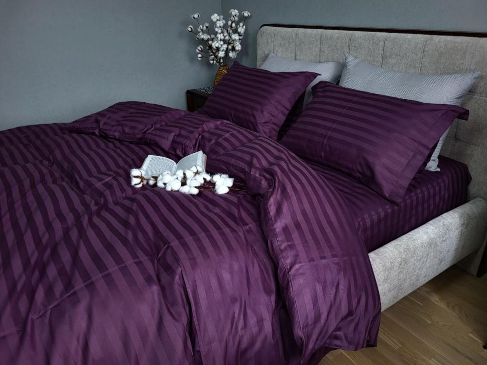 Комплект постельного белья PREMIUM Stripe Сатин 2/2 см двуспальный на резинке Purple foam (2109715943)