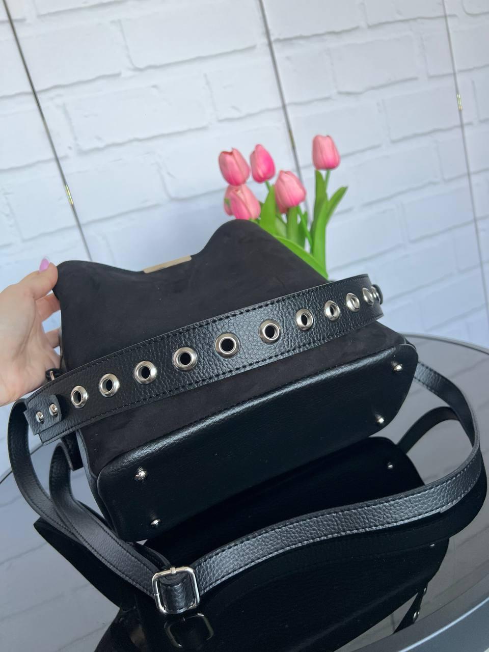 Сумка кросс боде женская через плечо с тремя отделениями из замши и экокожи Черный - фото 9 Сумка кросс боде женская через плечо с тремя отделениями из замши и экокожи Черный - фото 9