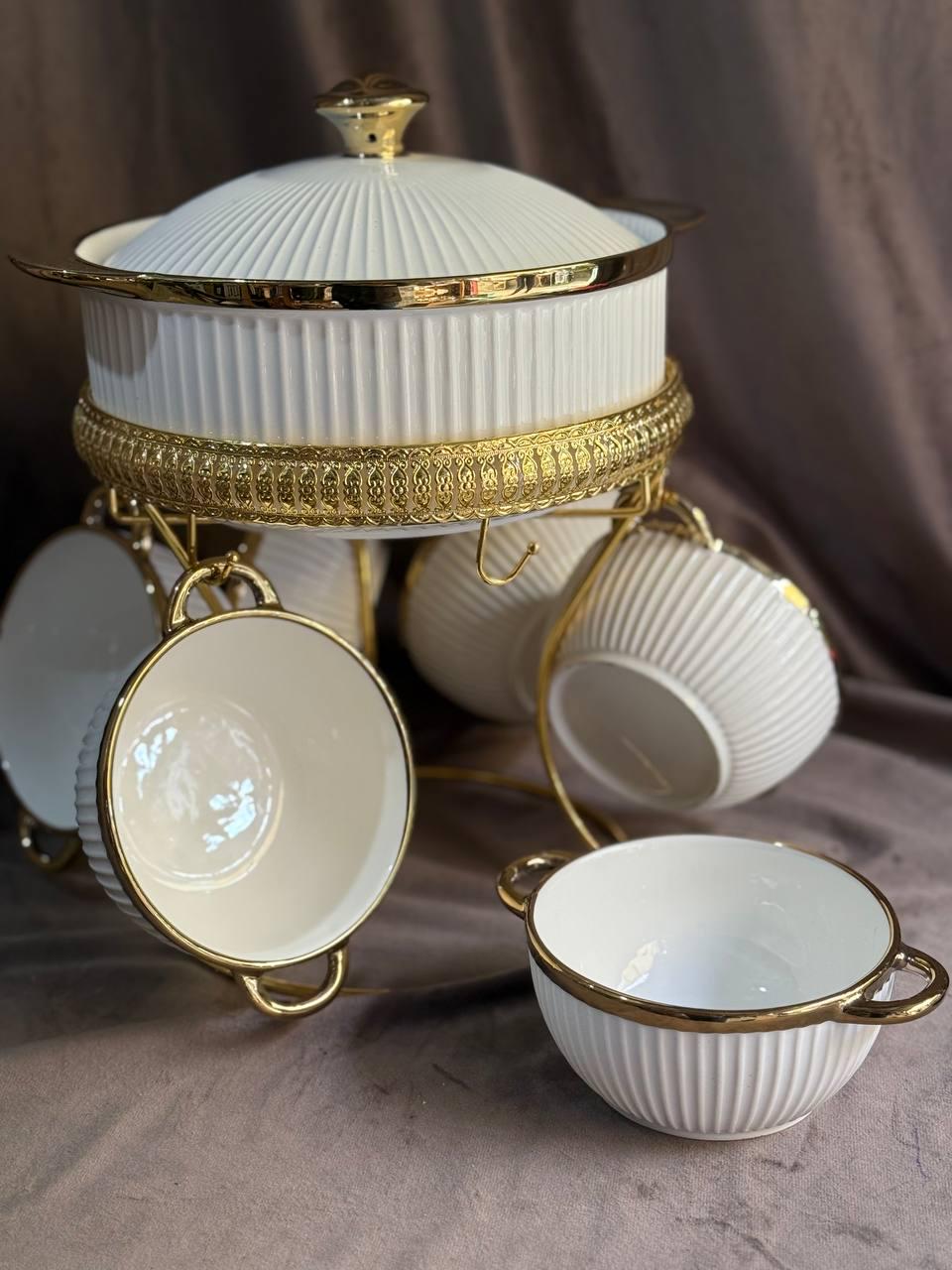 Сервиз суповый Yiwu ML151 из фарфора на металлической подставке 8 пр. 6 персон Белый с золотым (30059655) - фото 3