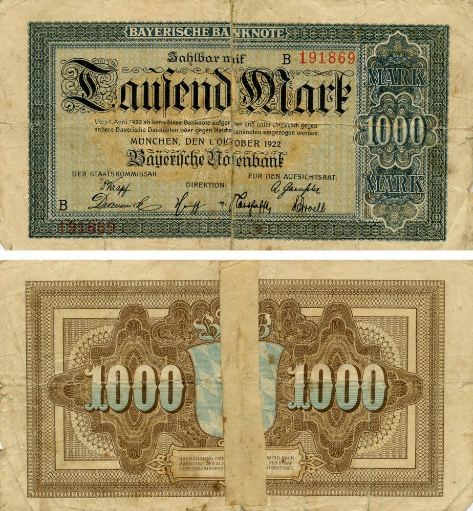 Коллекционная банкнота Германия Нотгельд 1 000 марок 1922 G-VG Мюнхен (Б18875) Коллекционная банкнота Германия Нотгельд 1 000 марок 1922 G-VG Мюнхен (Б18875)