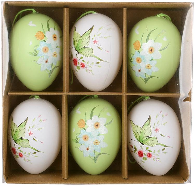 Набір декоративний Великодні Яйця 6 підвісок 4х6 см Білий із зеленим