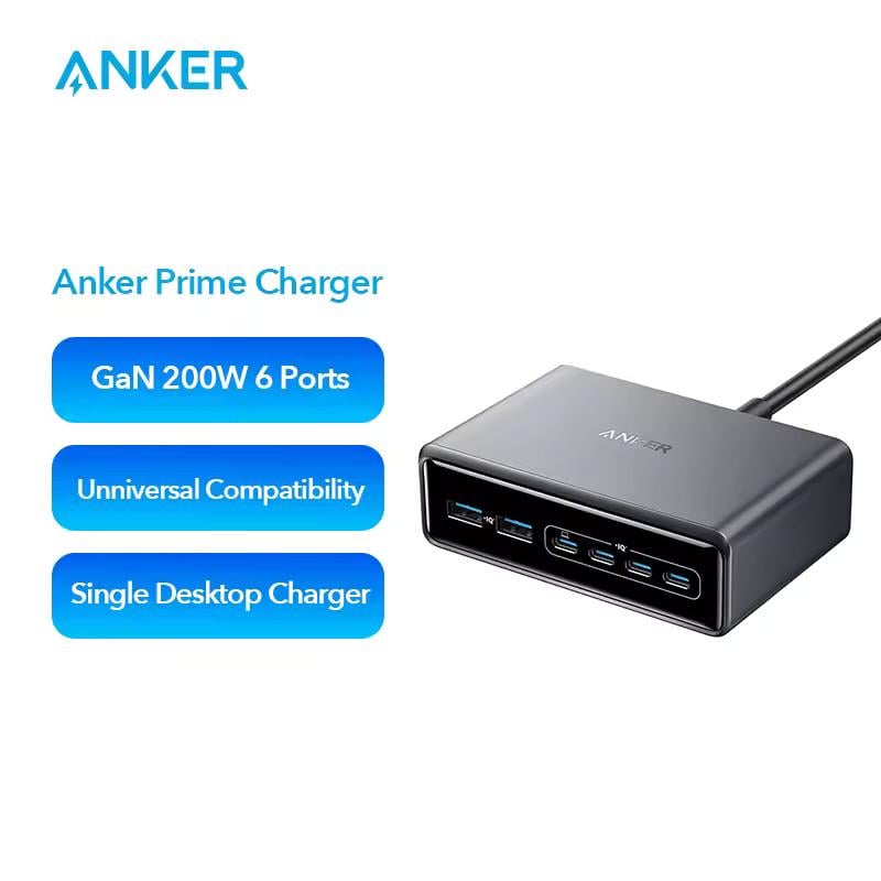 Зарядний пристрій мережевий Anker GaNPrime 200W 4xUSB-C PD + 2xUSB-A Black - фото 2