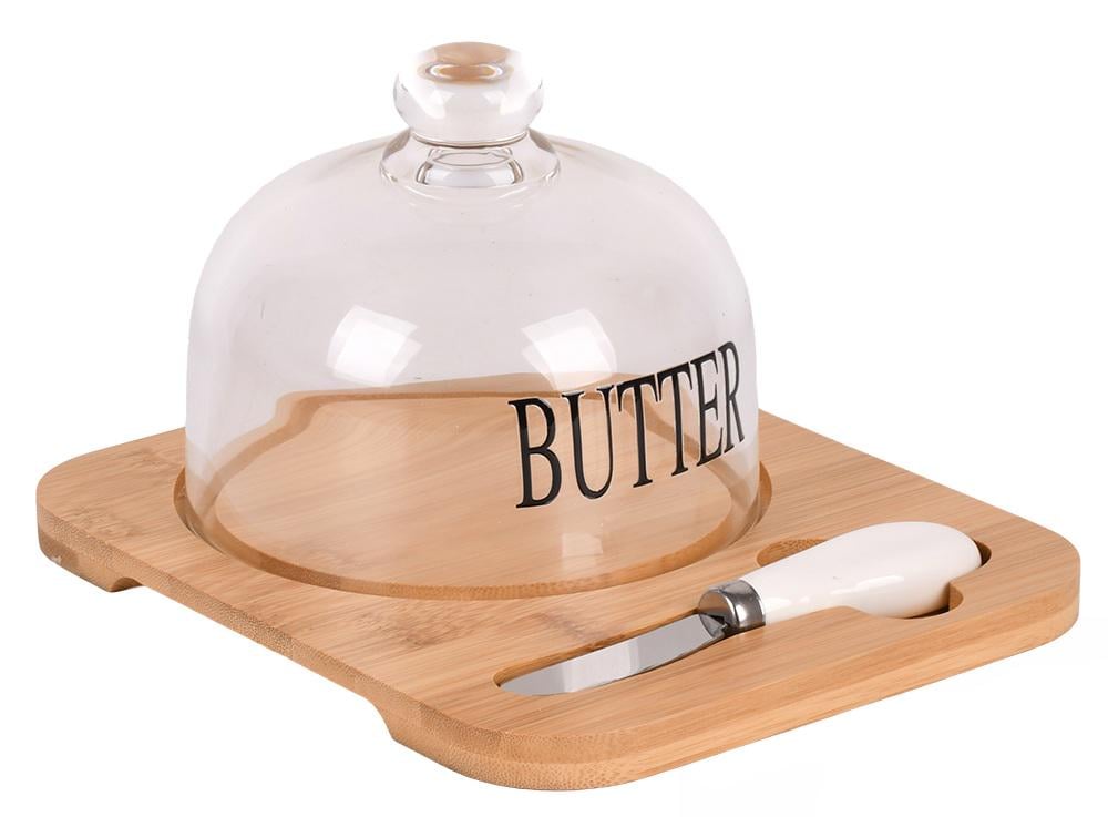 Маслянка Butter зі скляною кришкою/бамбуковою підставкою та ножем 17х20х11 см