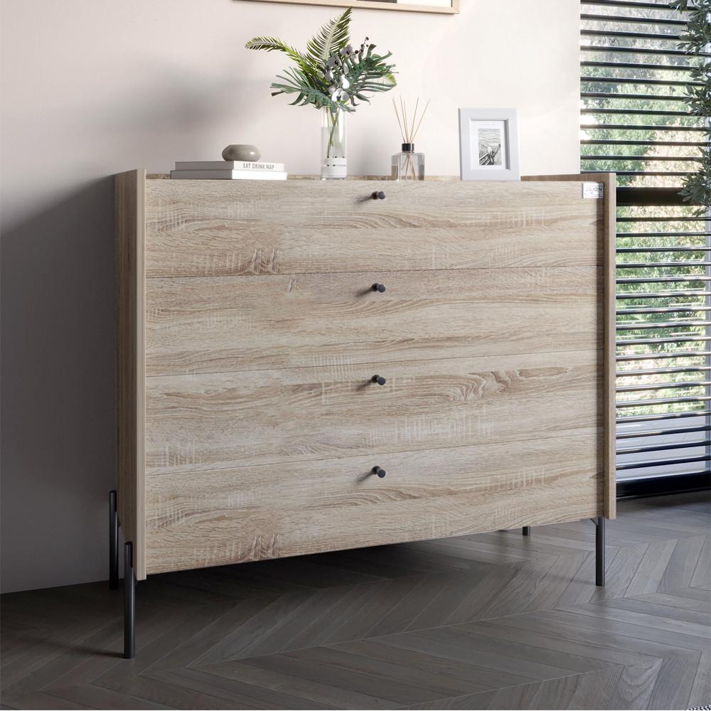 Комод Lion Wood з 4 шухлядами із чорними ніжками 100х90х45 см Дуб сонома (LION-042980)