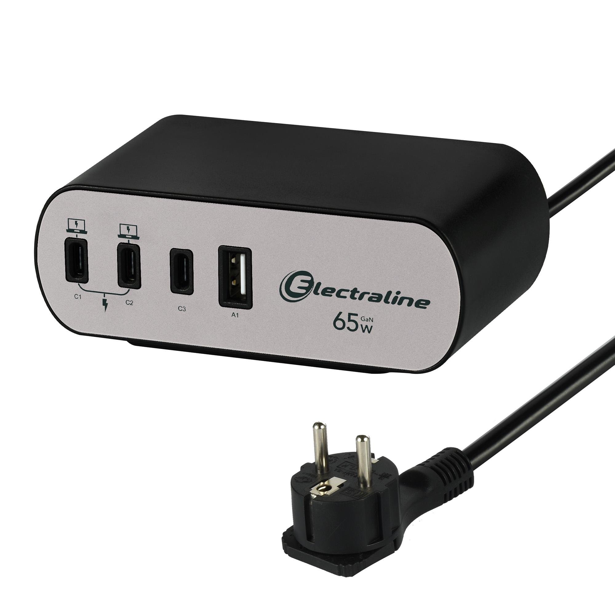 Зарядний блок із фіксатором Electraline Schuko 2 розетки 3хUSB-C PD 65 Вт /1хUSB-A 2 м Алюміній/Чорний Зарядний блок із фіксатором Electraline Schuko 2 розетки 3хUSB-C PD 65 Вт /1хUSB-A 2 м Алюміній/Чорний