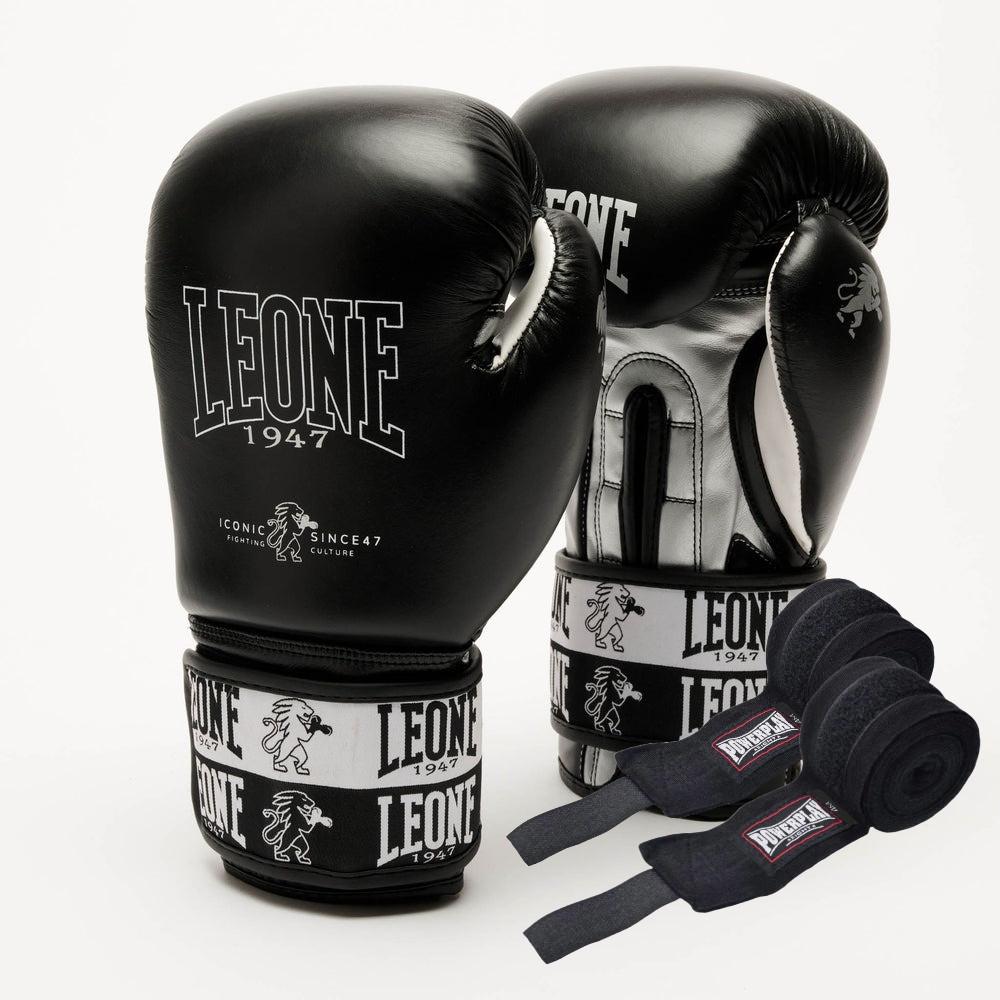Боксерські рукавиці Leone GN208 ICONIC 16 унцій бинти 4 м в комплекті Black