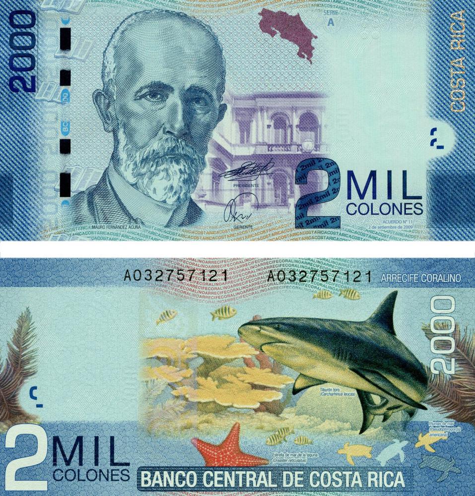 Коллекционная банкнота Коста-Рика 2000 колонов 2009 UNC Тупорылая акула P275 (Б06609)