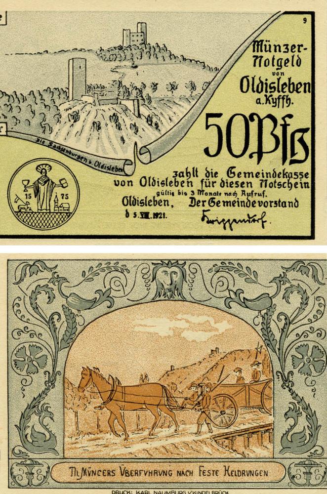 Коллекционная банкнота Германия Нотгельд 50 пфеннигов 1921 F-VF Ольдислебен Разновидность 1 (Б18792)