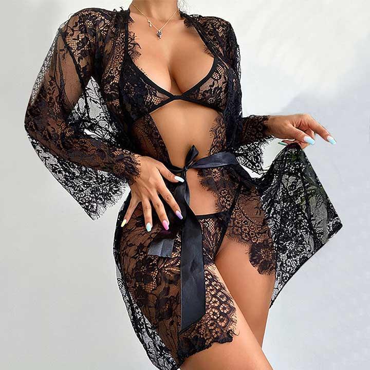 Халат мереживний з комплектом білизни XS/S/M Чорний/Прозорий (K000699) - фото 3 Халат мереживний з комплектом білизни XS/S/M Чорний/Прозорий (K000699) - фото 3