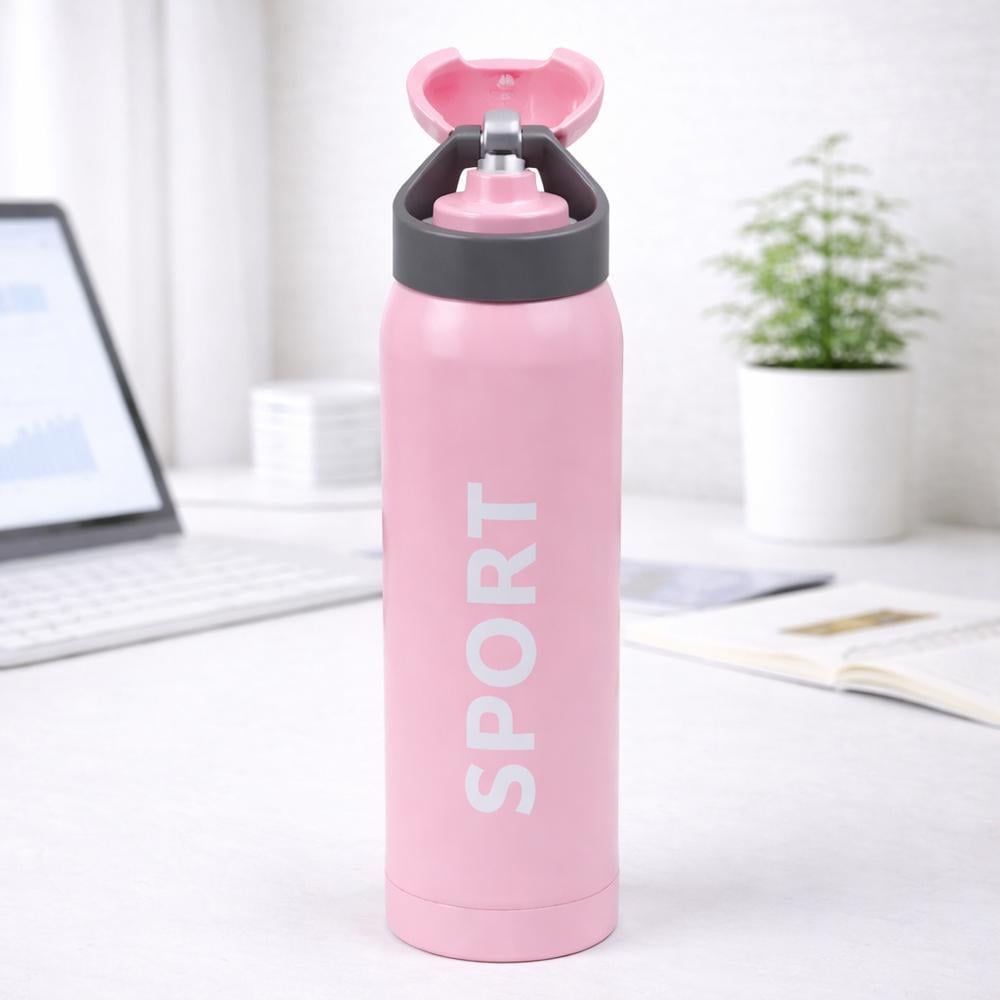 Термос спортивный 124703 500 мл из нержавеющей стали с трубочкой для питья и шнурком Розовый